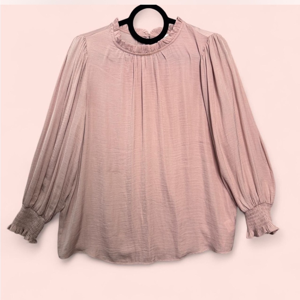 Elegant Paris Blush Pink Stain Ruffle Neck Smocked Cuff Blouse‎ Fairycore Sz Med